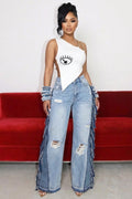 Ripped Fringed Wide-Leg Pant-Blue