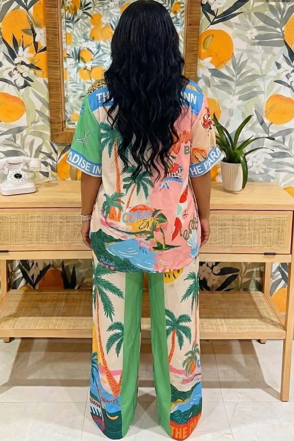 All Over Print  Collar Top Pants 2pcs Set
