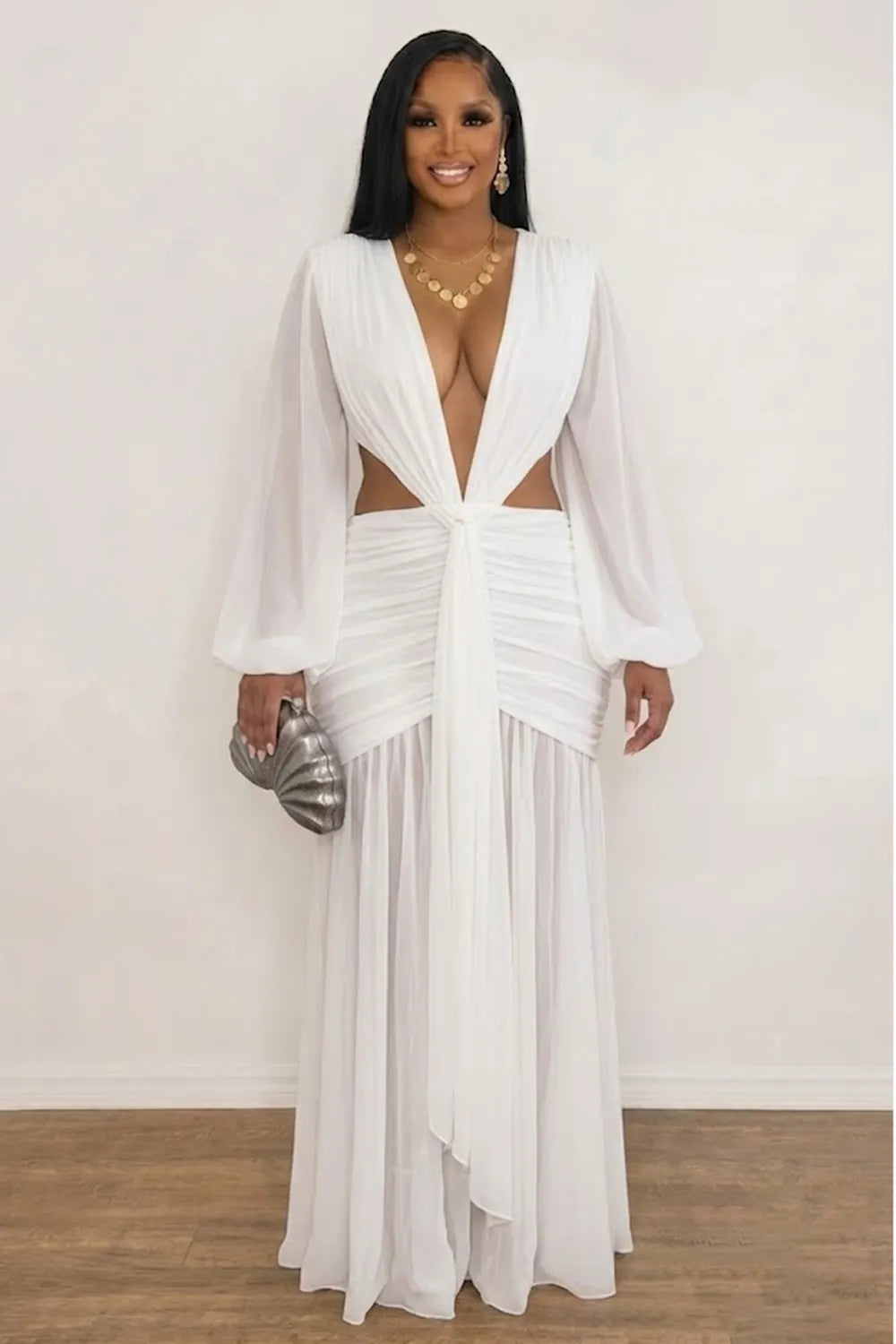 Plunge Neck Lantern Sleeve Cut Out Ruched Backless Maxi Dresses-Yellow
