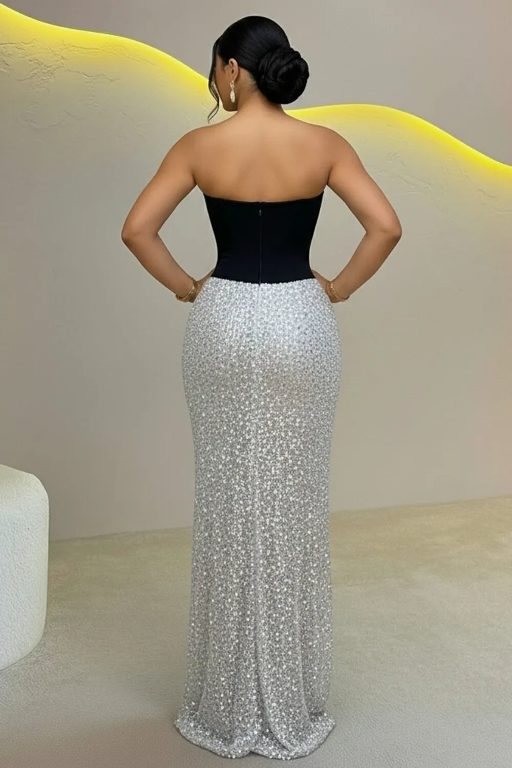 Strapless Colorblock Shimmering Bodycon Gowns Maxi Dresses-Silver