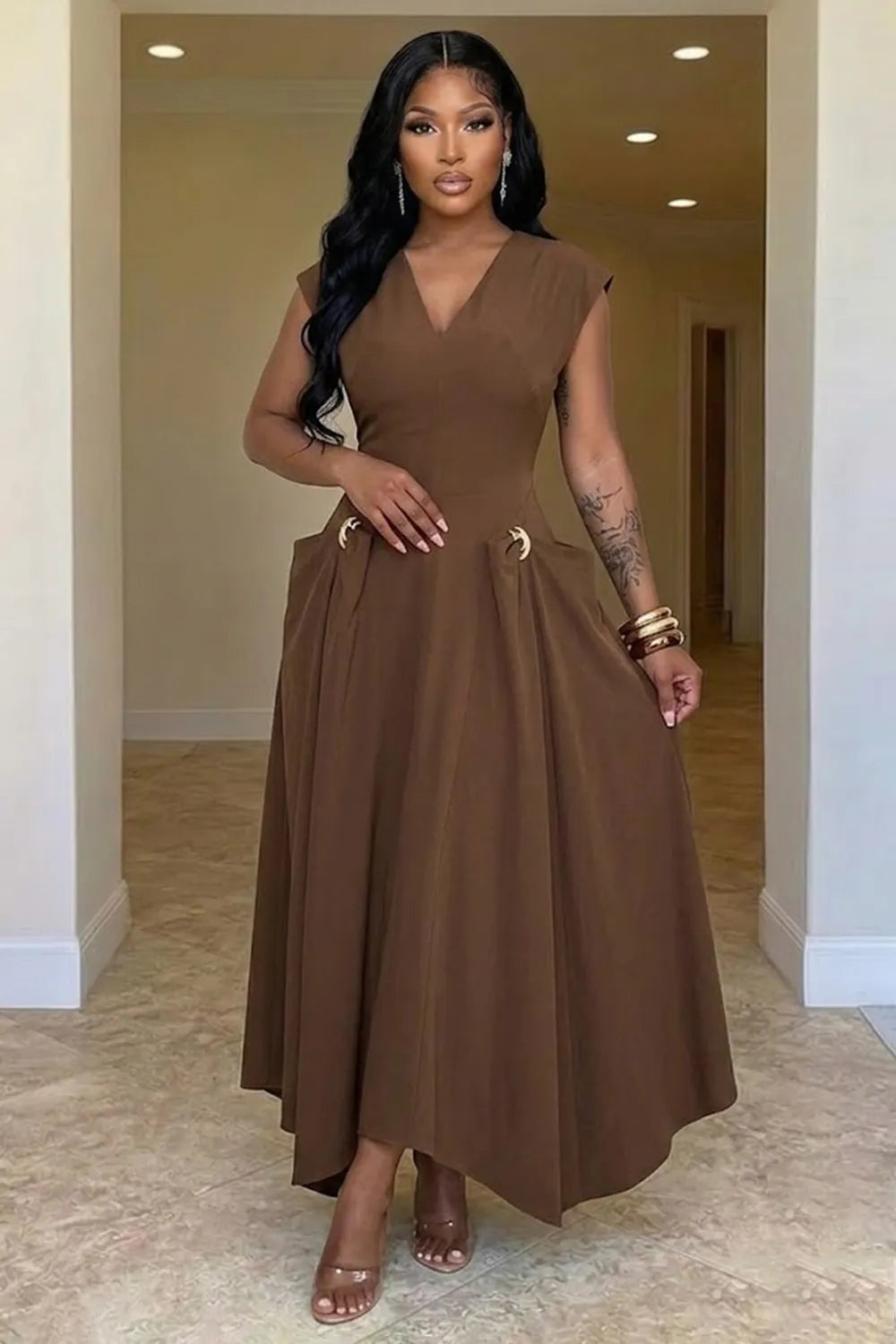 V Neck Cap Sleeve Metal Ring Decor Irregular Hem Plain Maxi Dresses-Brown