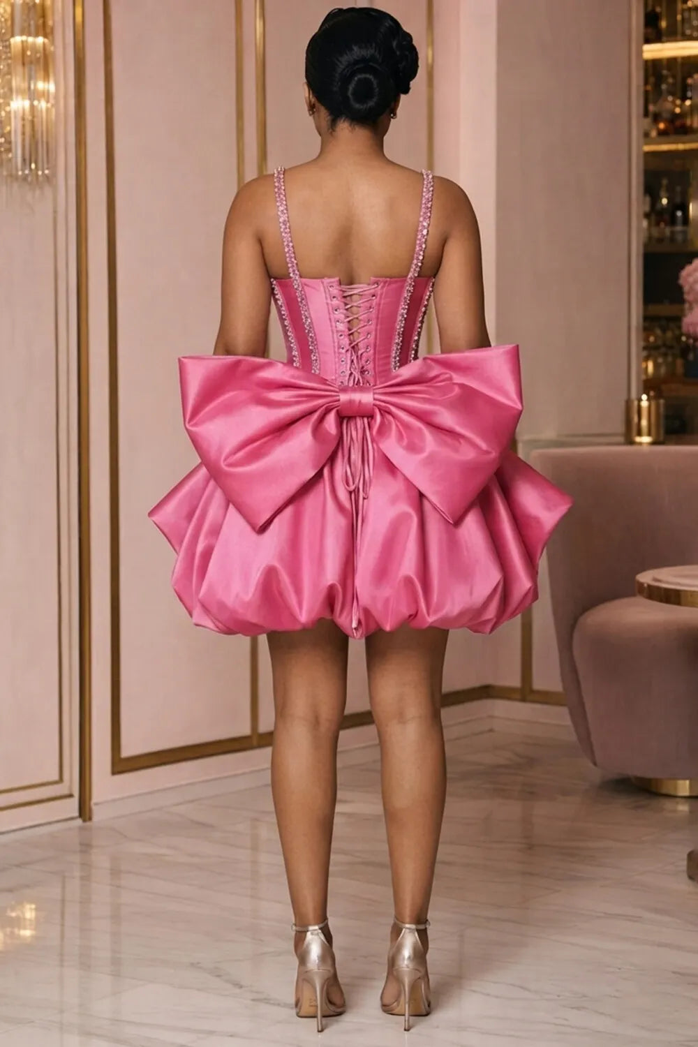 Cami Neck Rhinestone Corset Puff Hem Bowknot Mini Dresses-Fuchsia