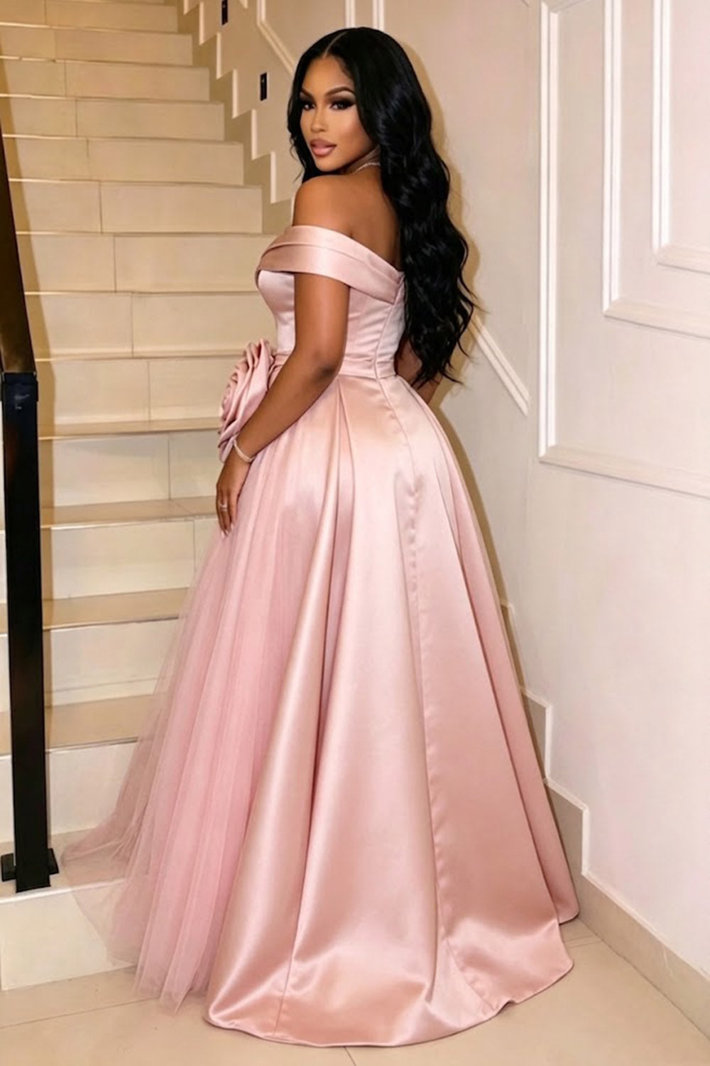 Off Shoulder 3D Floral Decor Slit Mesh Gowns Maxi Dresses-Pink