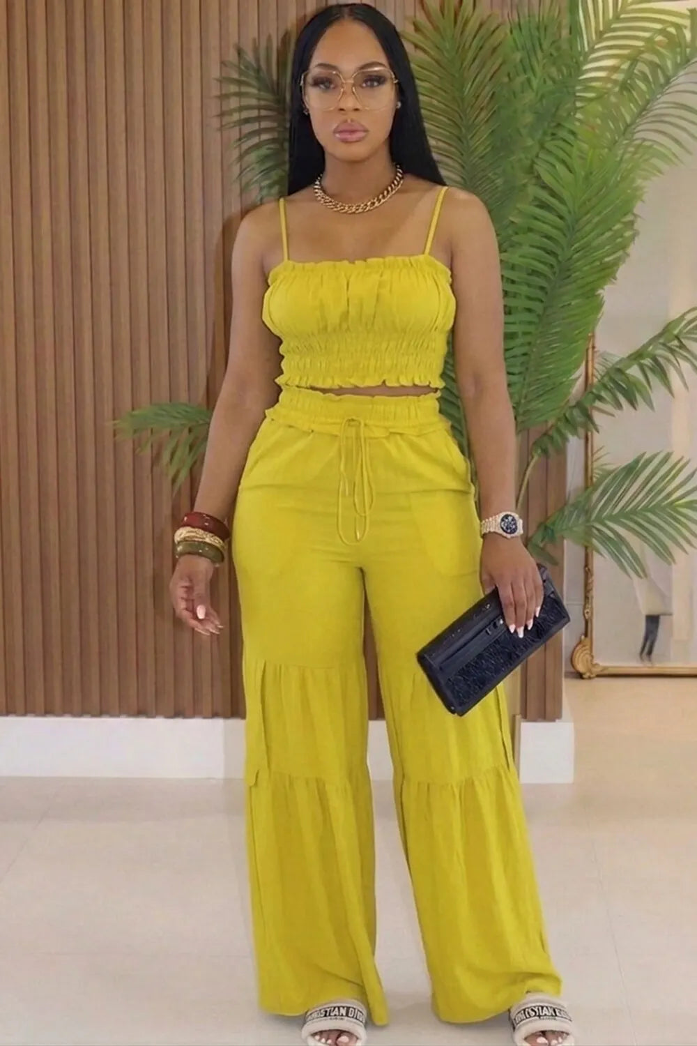 Cami Smocking Crop Top Wide Leg Pants Casual 2pcs Set-Yellow