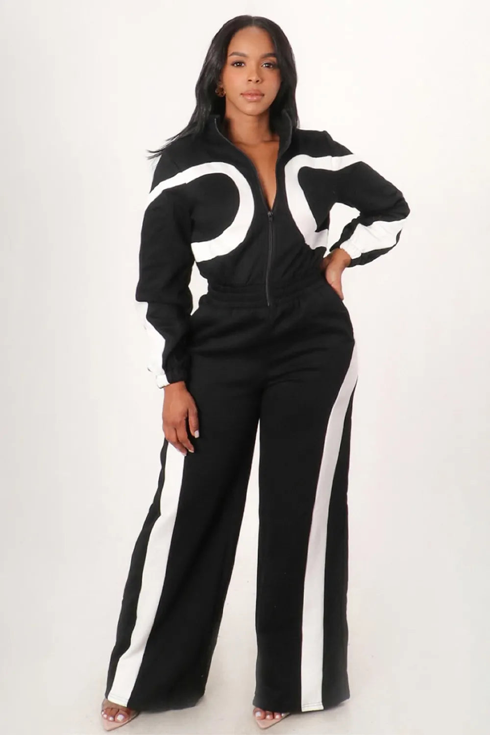 Stand-Up Collar Zip Up Long Sleeve Colorblock Wide Leg Casual Jumpsuit-Red