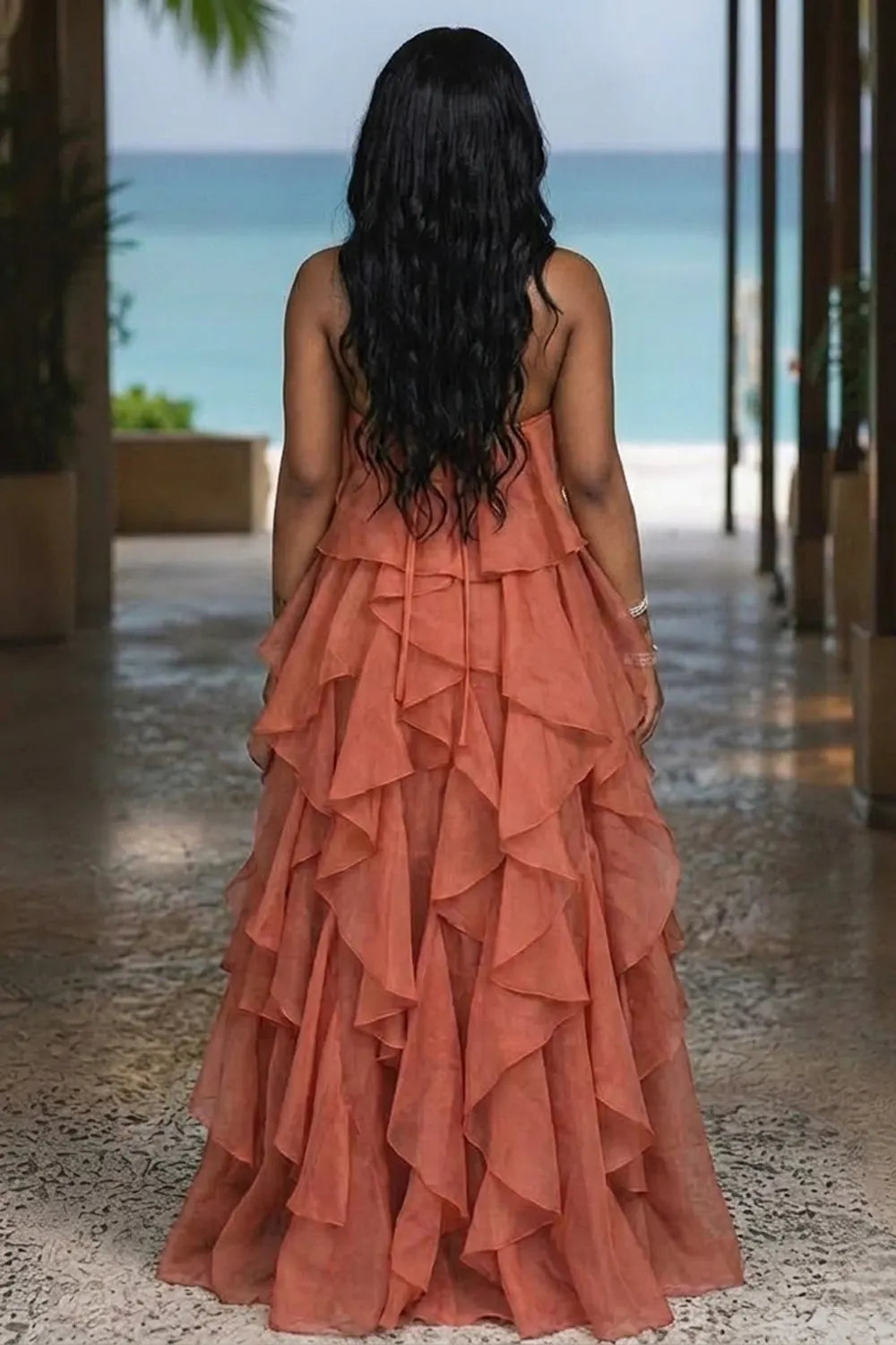Halter Neck 3D Floral Tiered Flounce Vacation Maxi Dresses-Orange