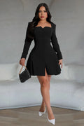 Button Up Cinch Waist Pleated Hem Long Sleeve Blazer Mini Dresses-White