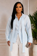 Solid Color Tie-Up Neck Single Breasted Back Lace-Up Long Sleeve Blouse-Blue
