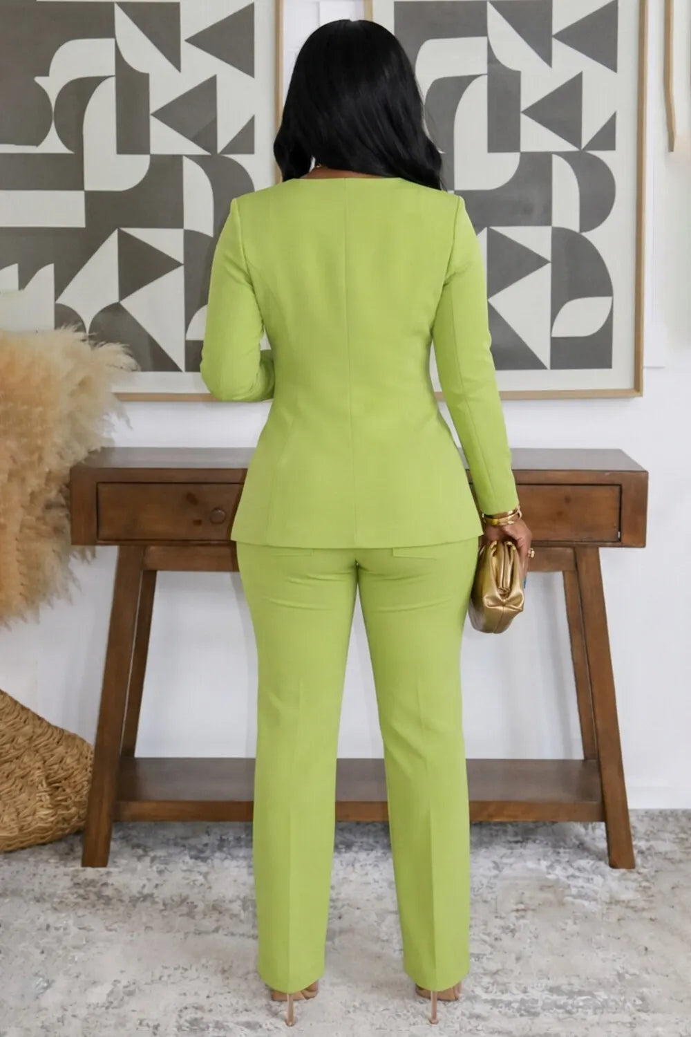 Square Neck Single Breasted Split Top Pants 2pcs Set-Green