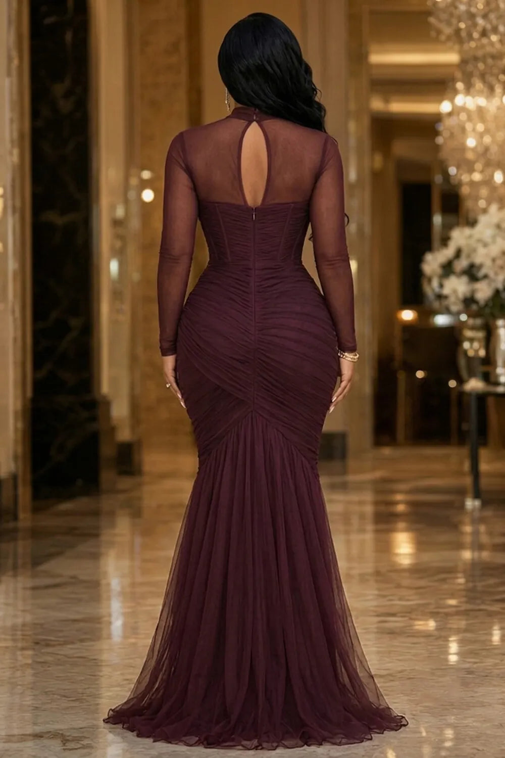 Mock Neck Mesh Patchwork Ruched Mermaid Maxi Dresses-Purple