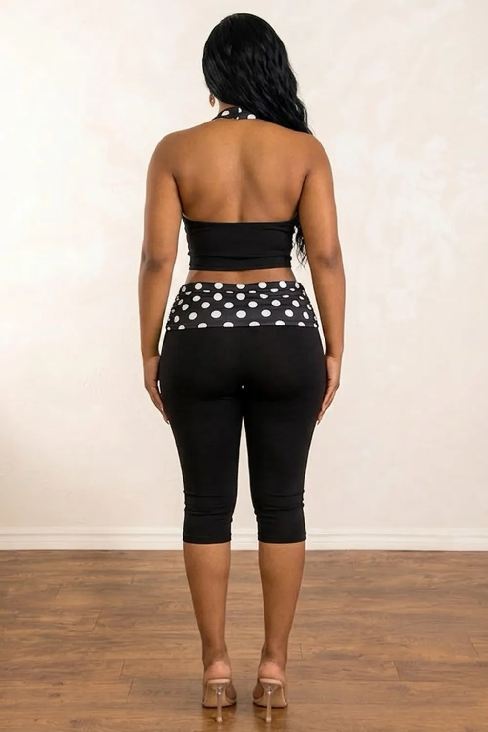 Polka Dot Print Halter Neck Crop Top Ruched Cargo Pants 2pcs Set-Black