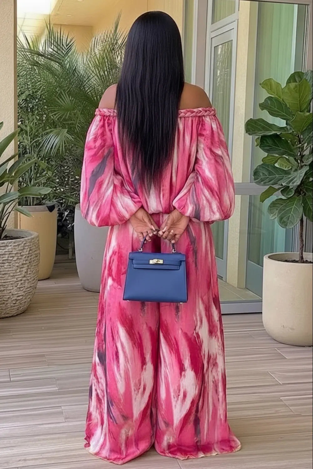 Tie Dye Braided Off Shoulder Top Wide Leg Pants 2pcs Set-Orange