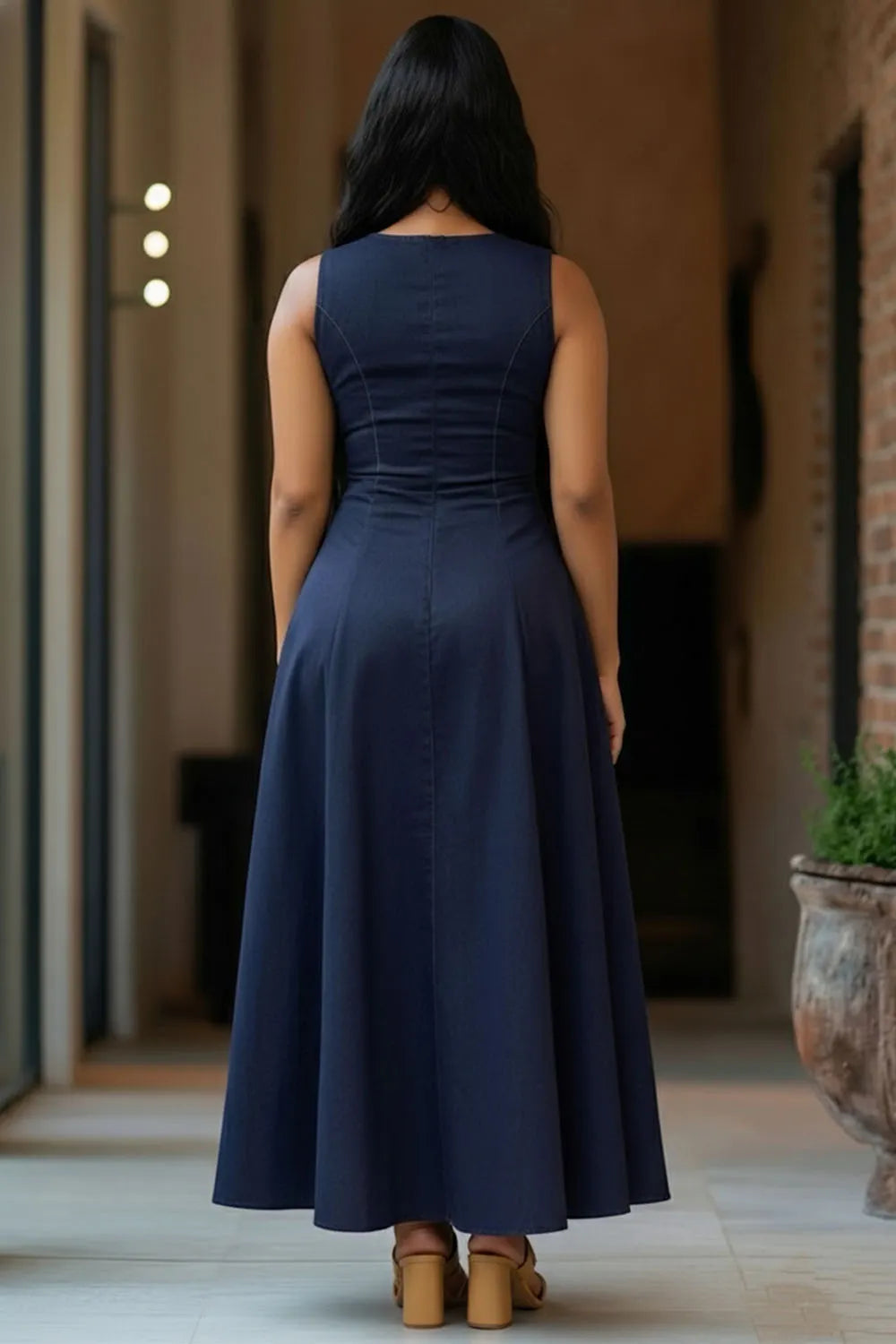 Round Neck Sleeveless Zipper Solid Color A-Line Casual Maxi Dresses-Navy