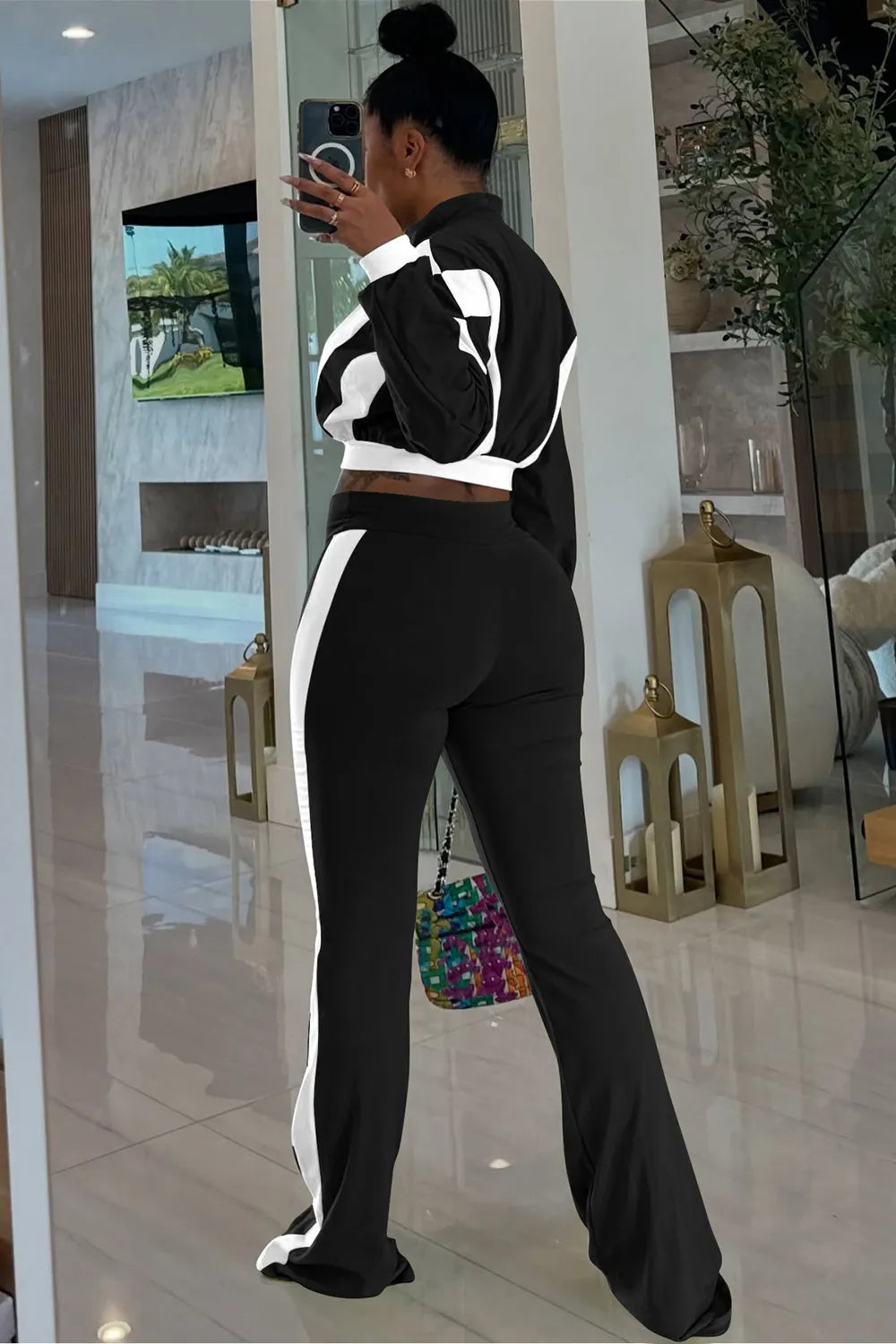 Stand-Up Collar Color Block Long Sleeve Top Flare Leg Pants 2pcs Set-Red