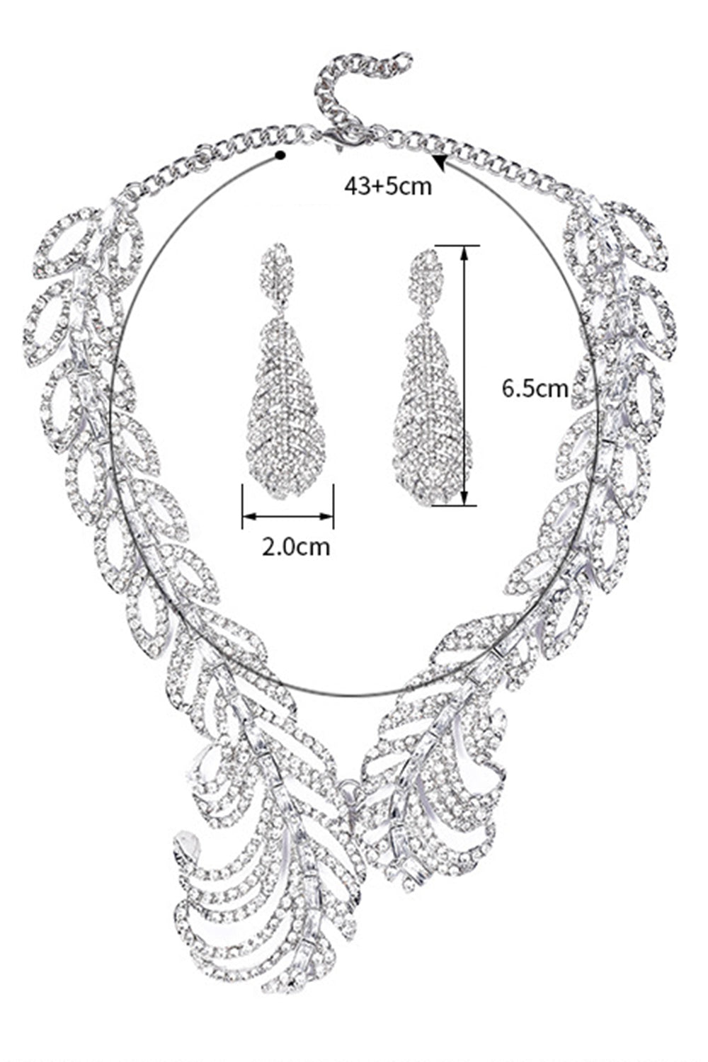 Rhinestones Asymmetric Feather Shaped Drop Earrings Necklace Jewelry Set
