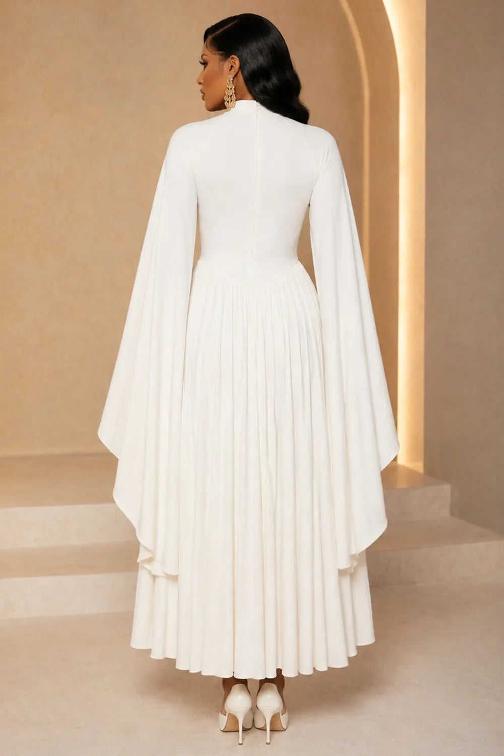 Mock Neck Cape Split Sleeve Pleated A-Line Maxi Dresses-White