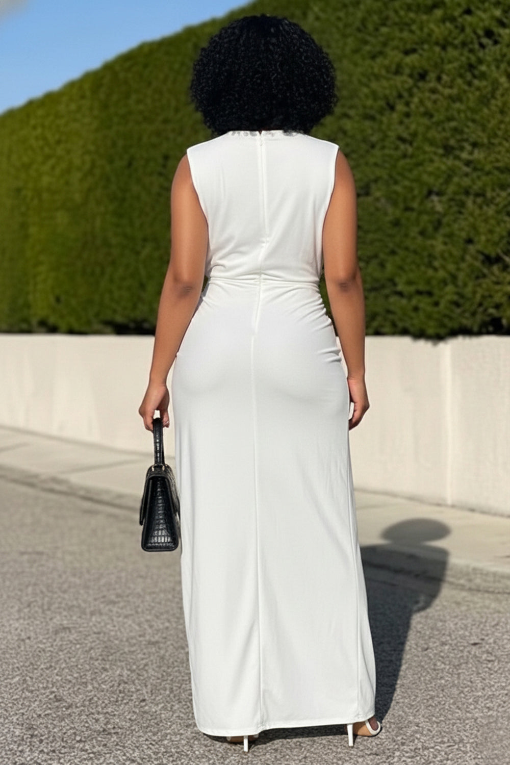 Round Neck Sleeveless High Slit Solid Color Maxi Dresses-White