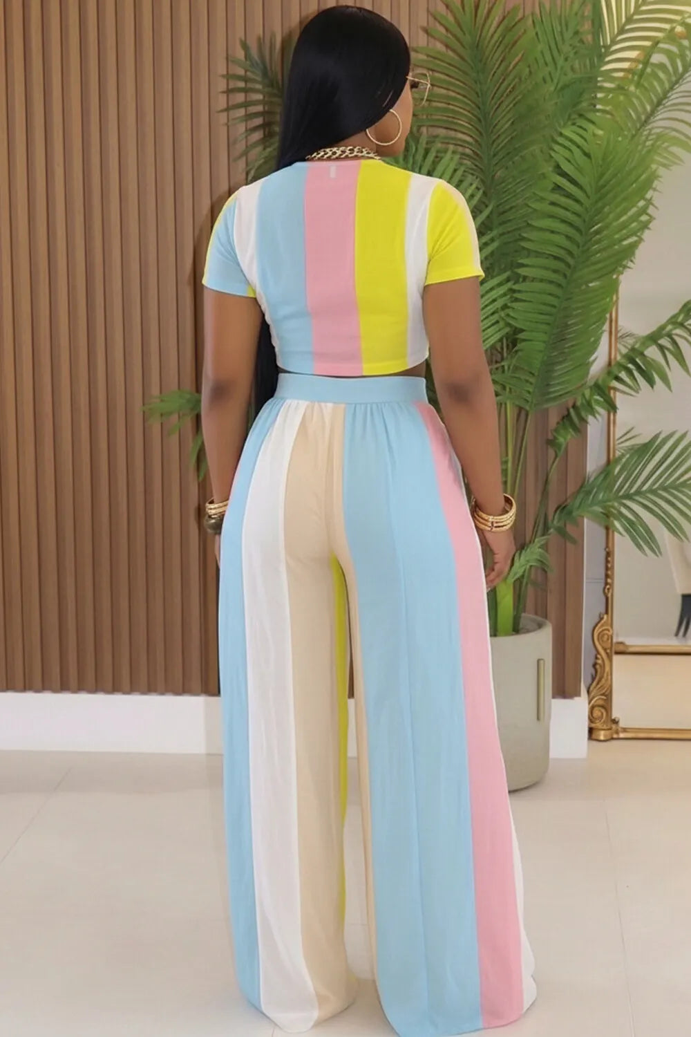 Round Neck Crop Top Wide Leg Pants Casual 2pcs Set