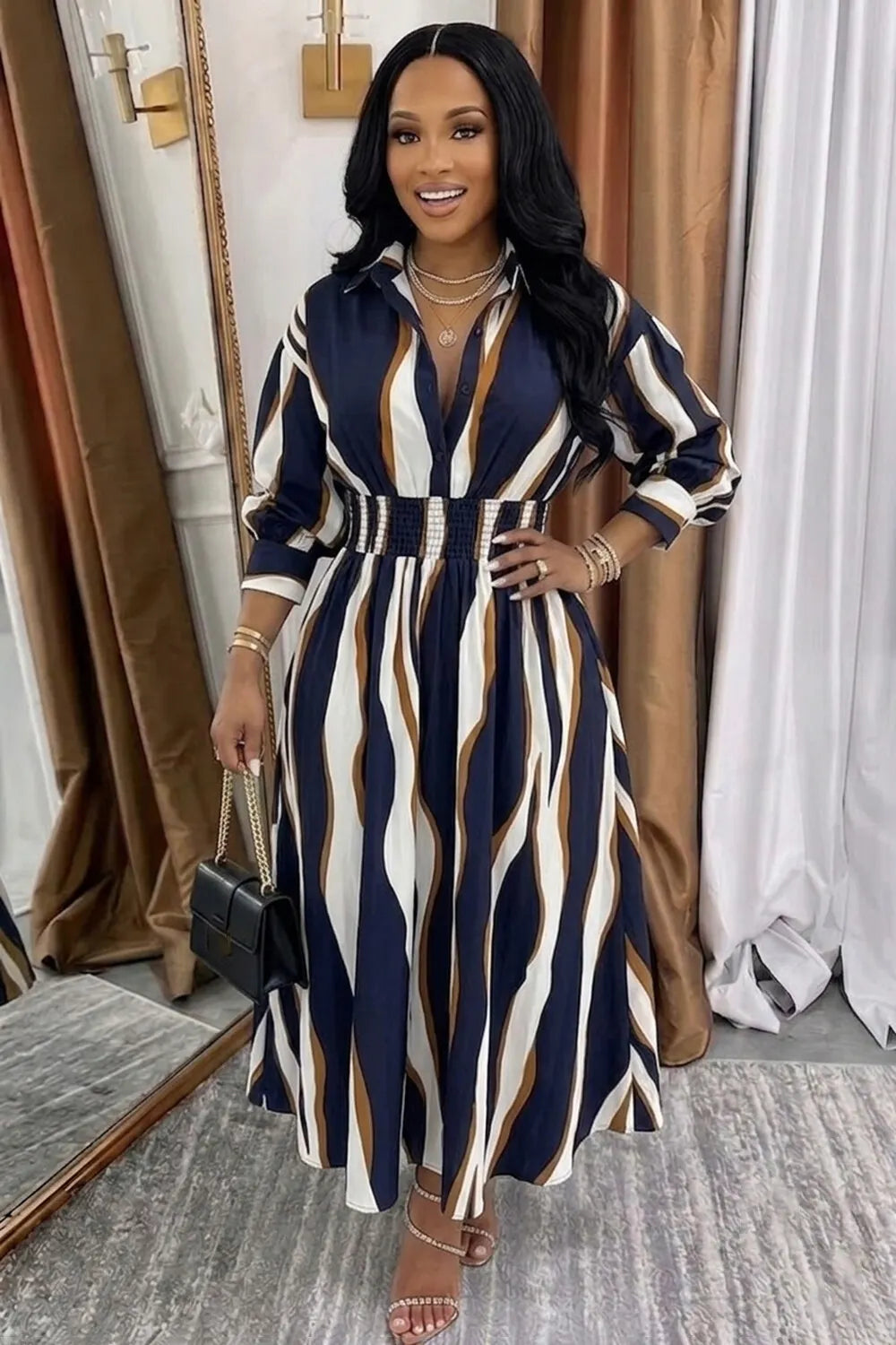 Stripe Shirt Collar Lantern Sleeve Casual Maxi Dresses