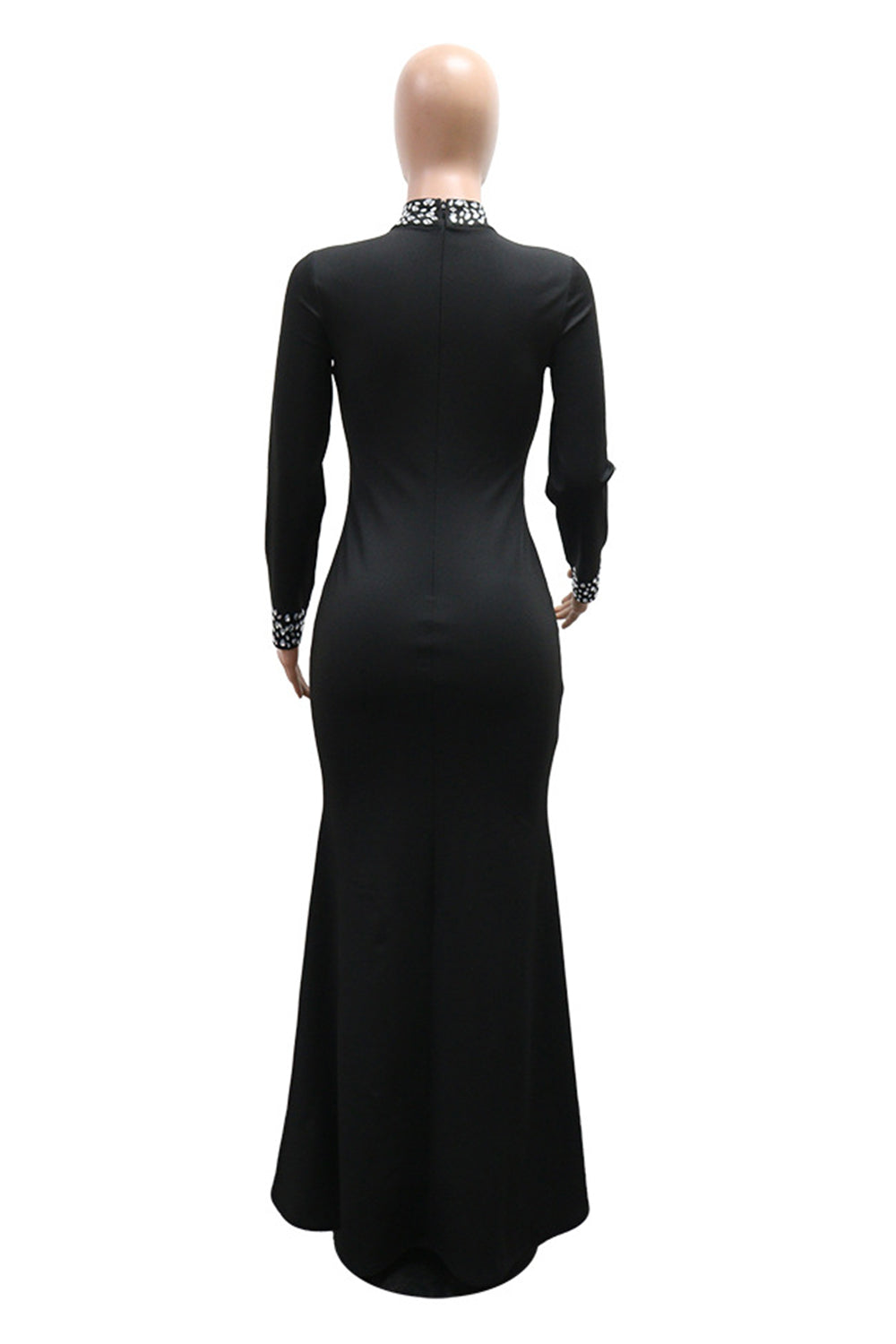 Mock Neck Long Sleeve Crystal Mesh Patchwork Slit Gowns Maxi Dresses-Black