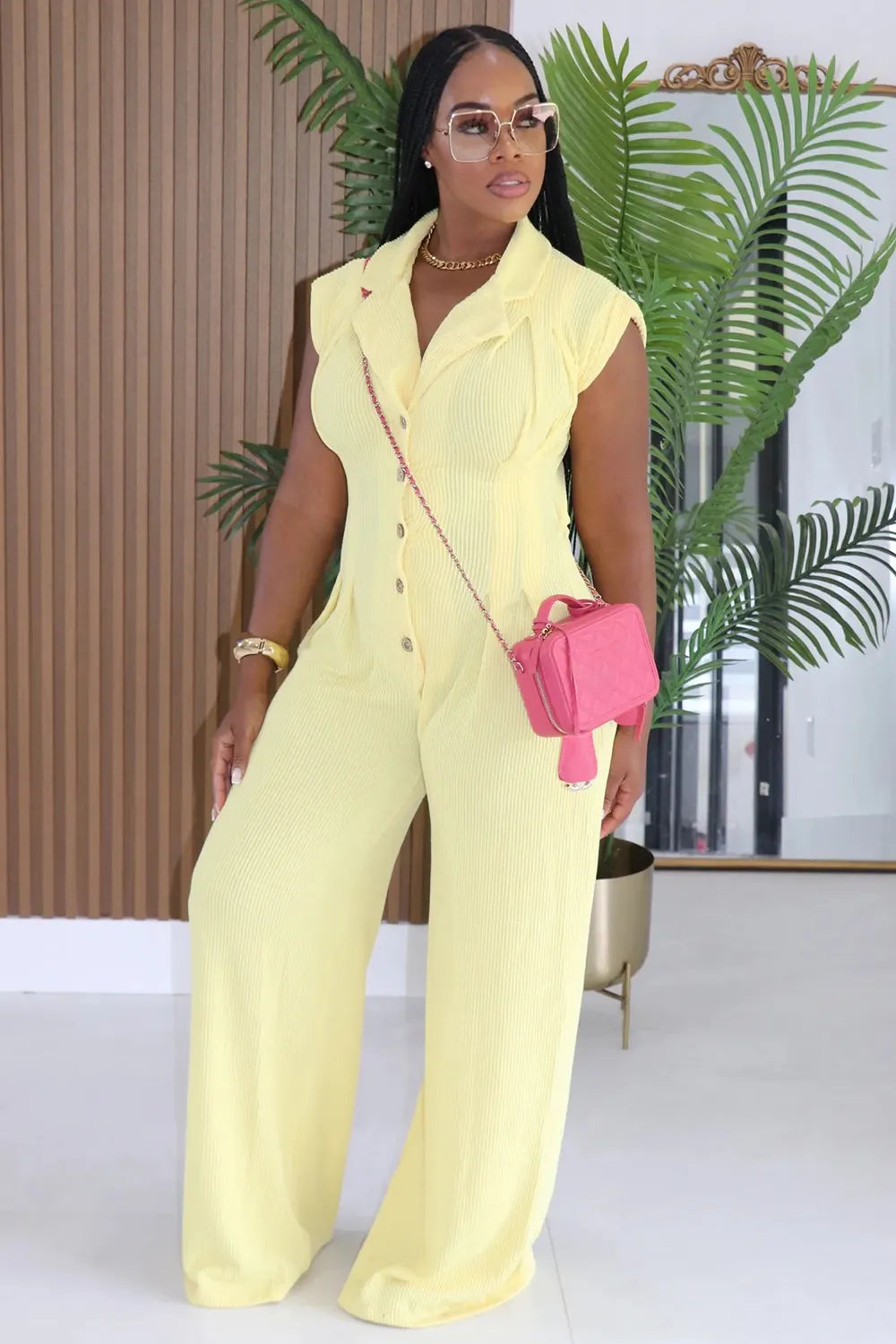 Notched Lapel Single Breasted Cap Sleeve Casual Jumpsuit-Yellow