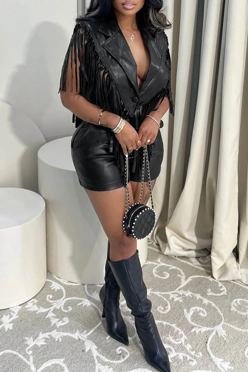 Notched Lapel Fringe Patchwork Vest Shorts Leather Party 2pcs Set-Black