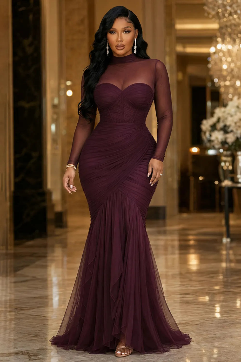 Mock Neck Mesh Patchwork Ruched Mermaid Maxi Dresses-Purple