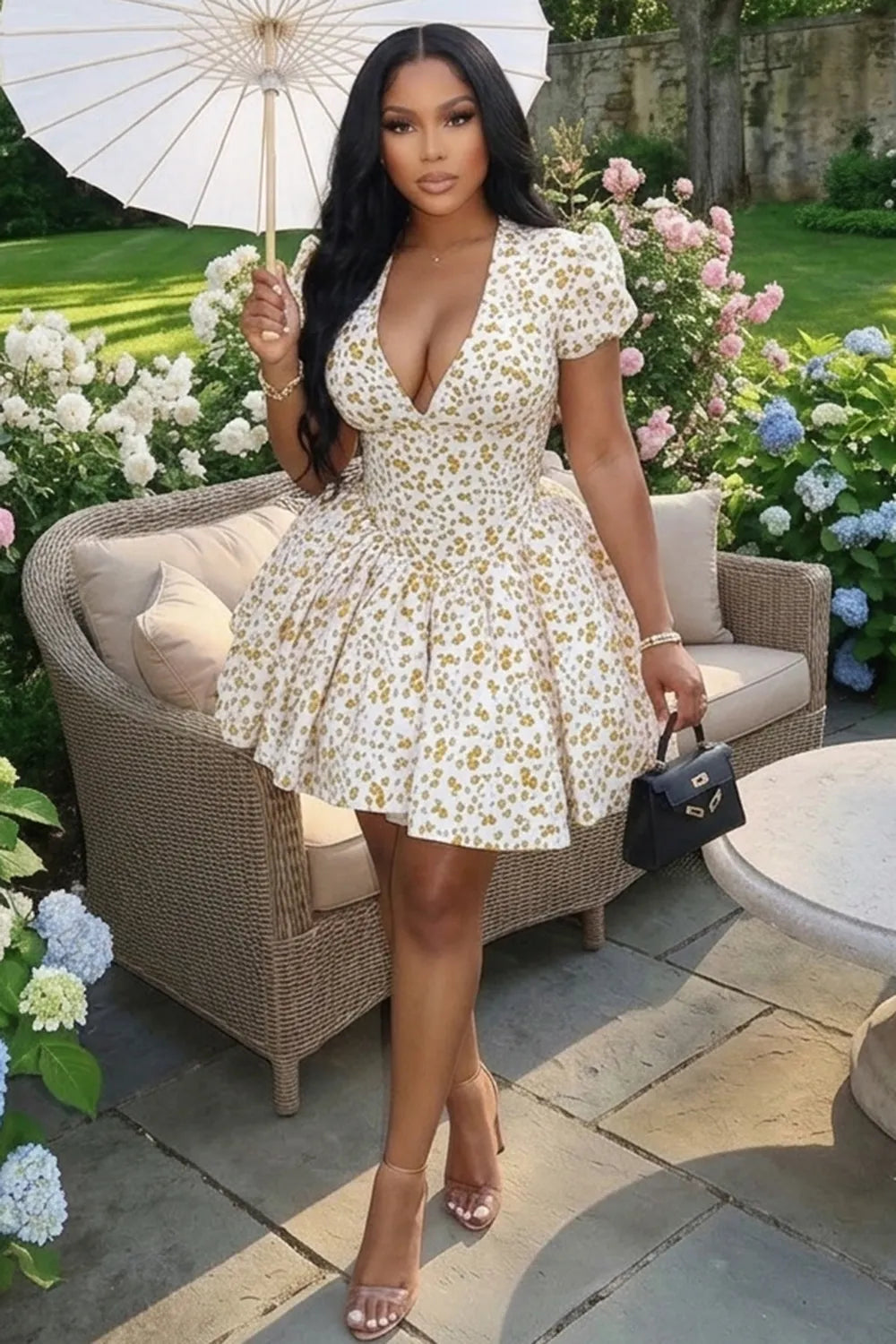 Deep V Neck Puff Sleeve Cinch Waist A-Line Mini Dresses-Beige