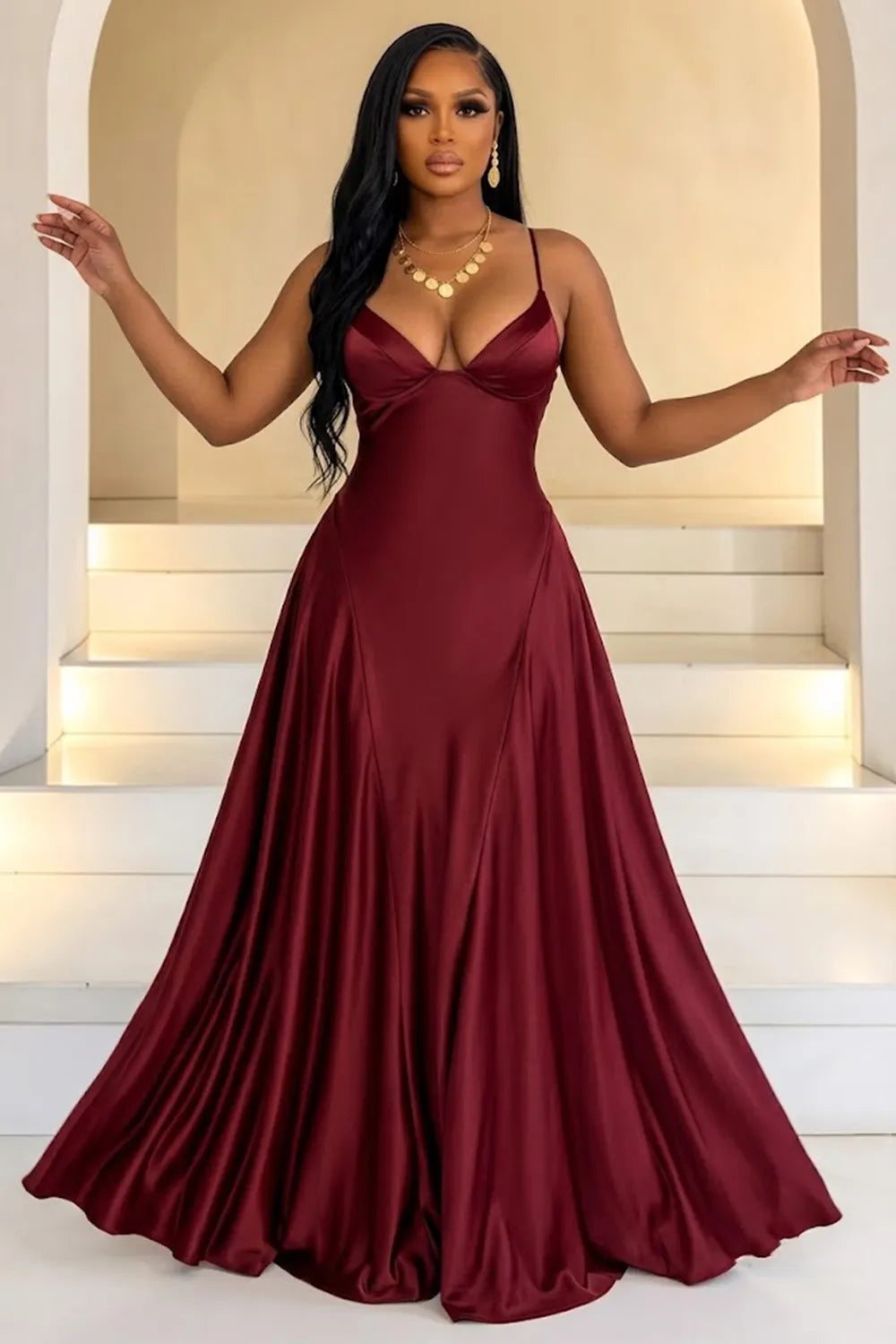 Spaghetti Strap Sweetheart Neck Cinch Waist Lace-Up Satin Maxi Dresses-Yellow