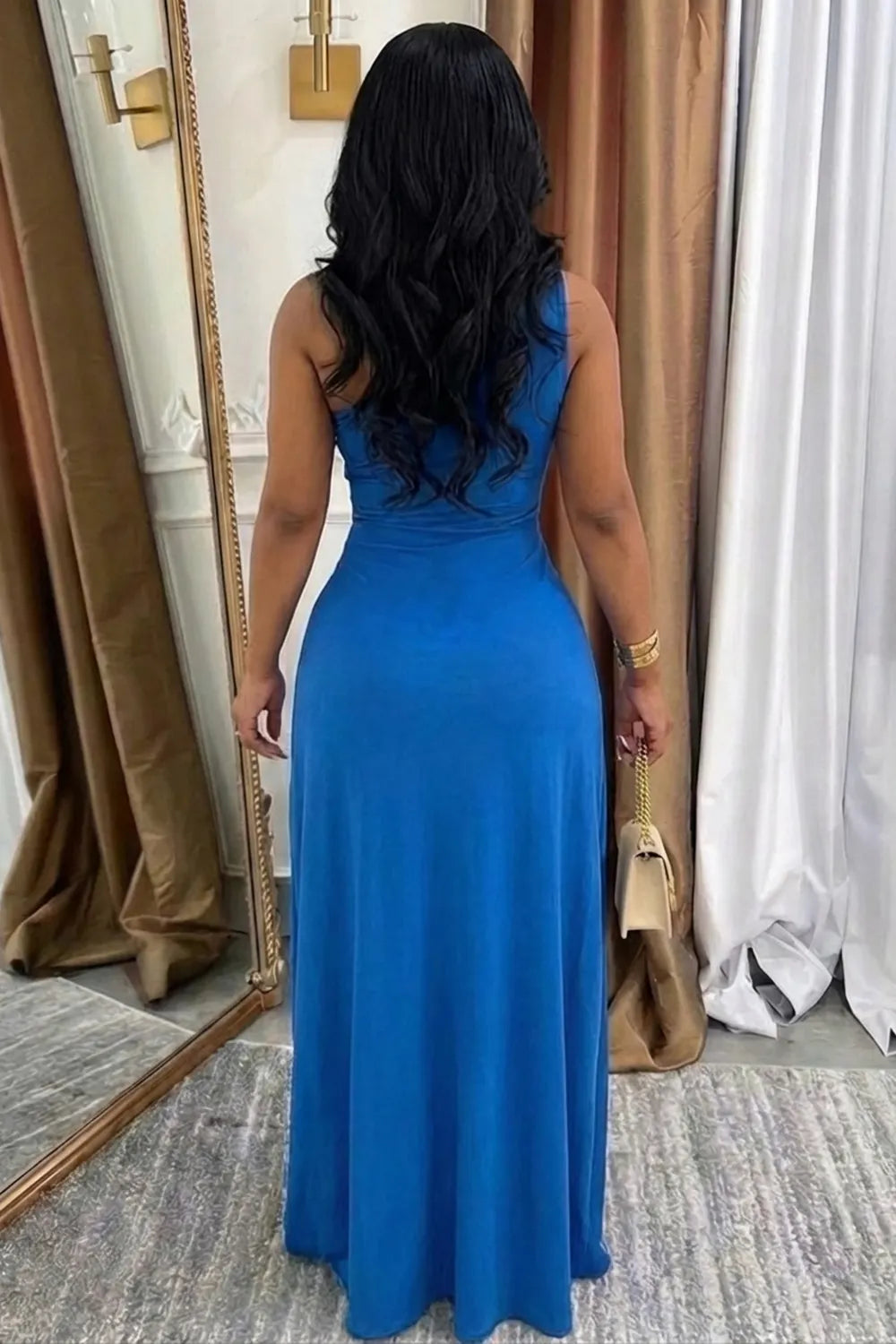One Shoulder Sleeveless Floral Slim Fit Casual Maxi Dresses-Blue