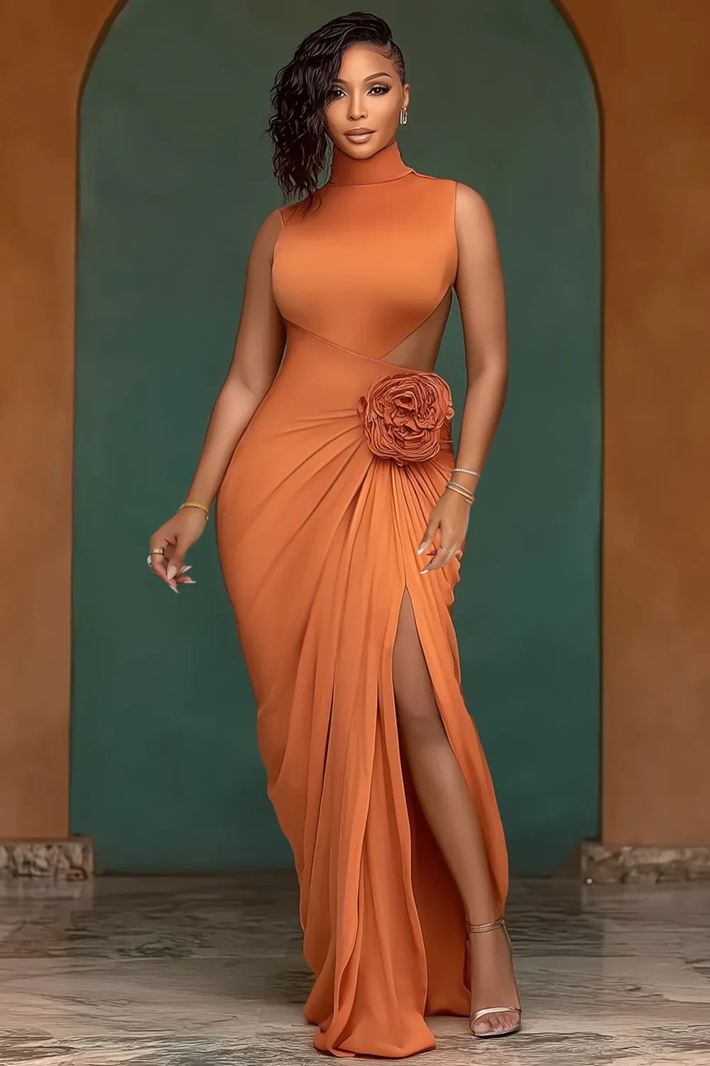 High Neck Cutout Ruched Rosette Slit Party Maxi Dresses-Orange