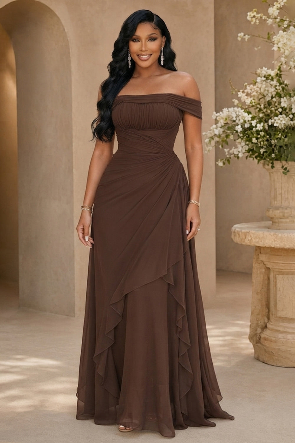 Off Shoulder Cinch Waist Ruffle Hem Wedding Maxi Dresses-Brown