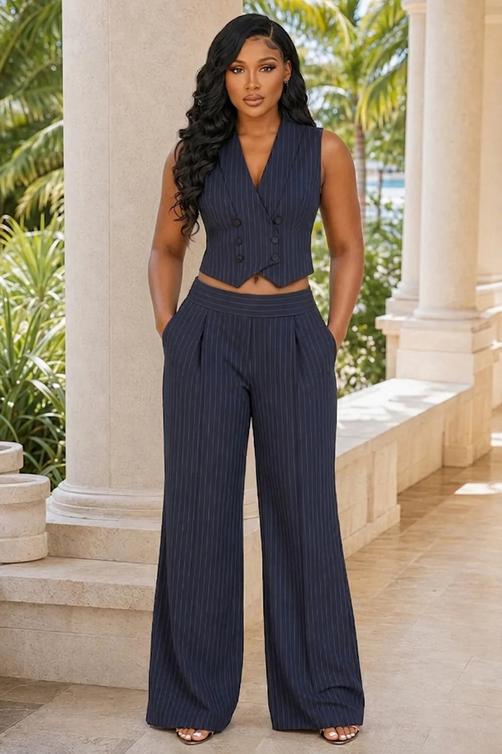 Pinstripe Double-Breasted Vest Top Wide Leg Pants 2pcs Set-Navy