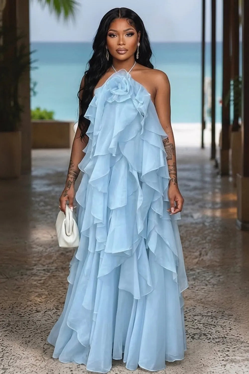 Halter Neck 3D Floral Tiered Flounce Vacation Maxi Dresses-Orange