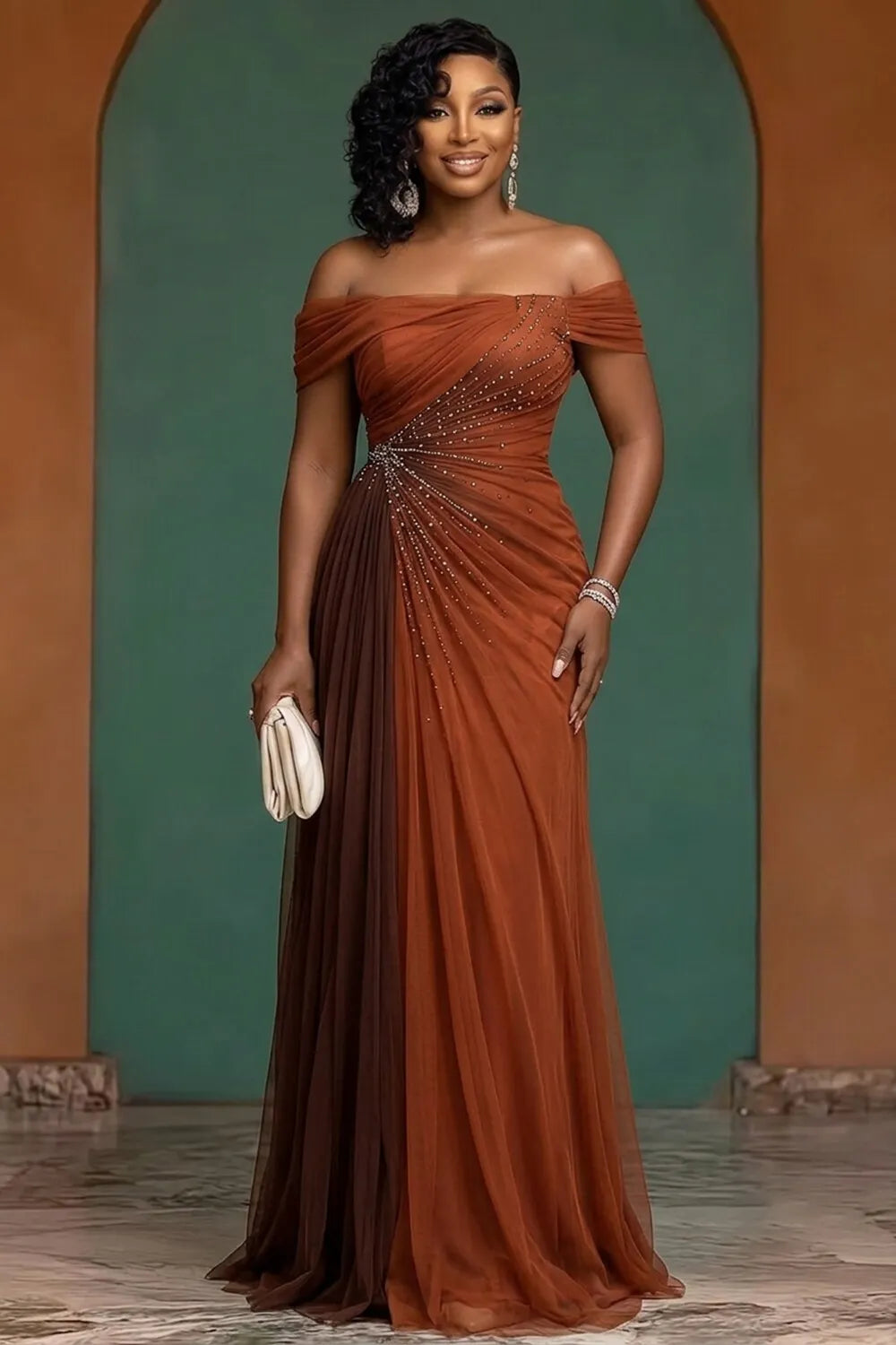 Off Shoulder Glitter Colorblock Evening Gowns Maxi Dresses-Brown