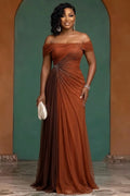 Off Shoulder Glitter Colorblock Evening Gowns Maxi Dresses-Brown