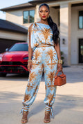Floral One Shoulder Sleeveless Top Cuffed Pants 2pcs Set-Blue