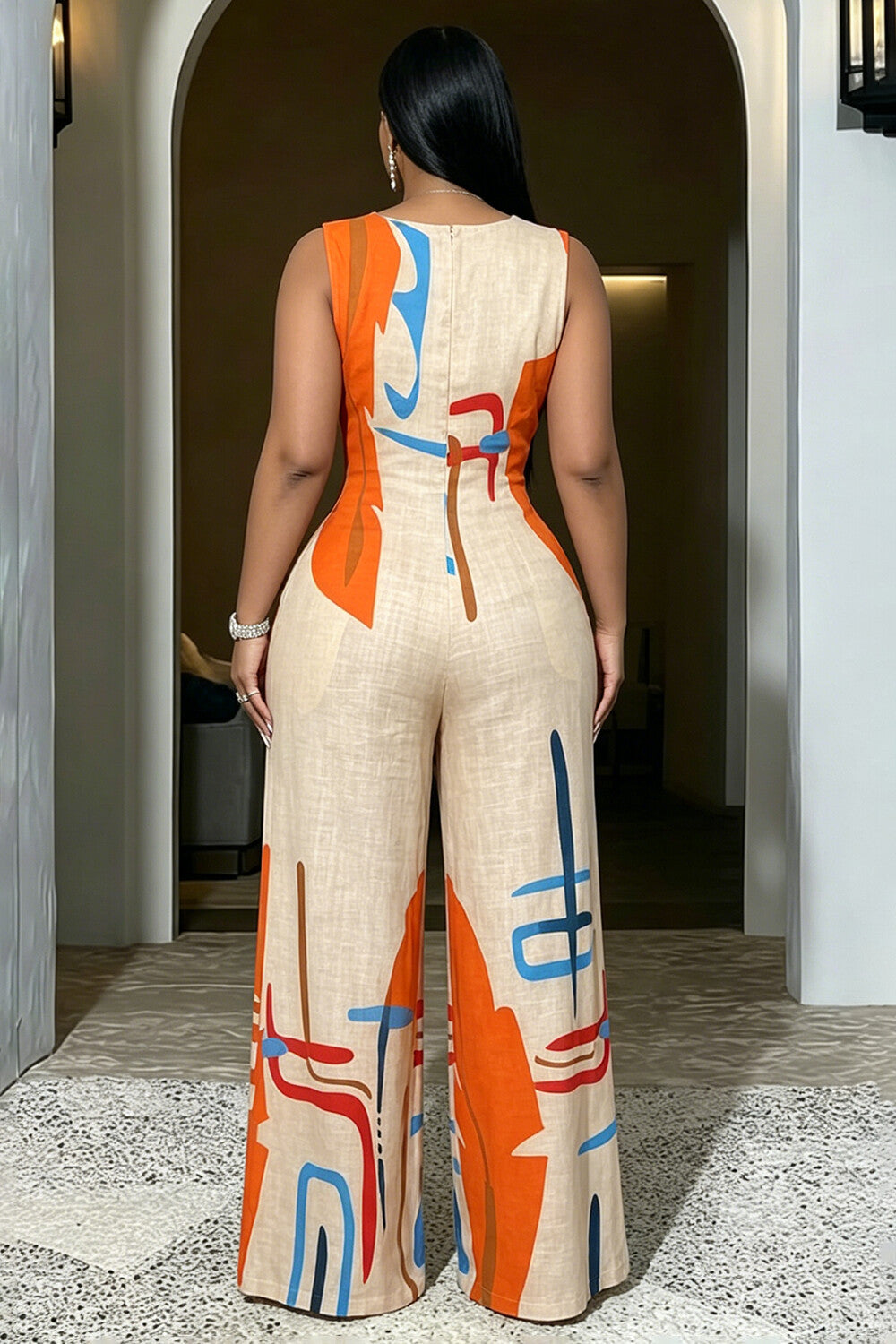 Round Neck Sleeveless Colorblock Wide Leg Linen Jumpsuit-Beige