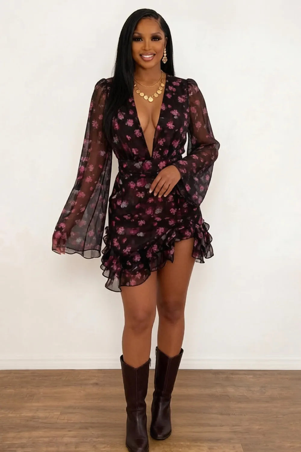 Deep V Neck Floral Print Ruffled Long-Sleeved Chiffon Mini Dresses-Purple