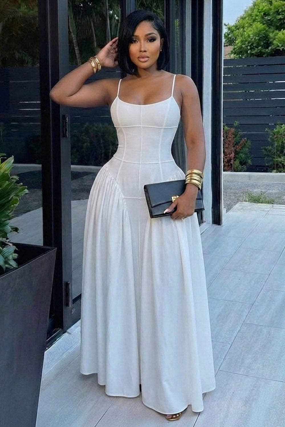 Spaghetti Strap Cinch Waist Solid Color Casual Maxi Dresses-White