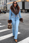 Faux Fur Patchwork Jacket Jeans Casual Denim Matching Set-Blue