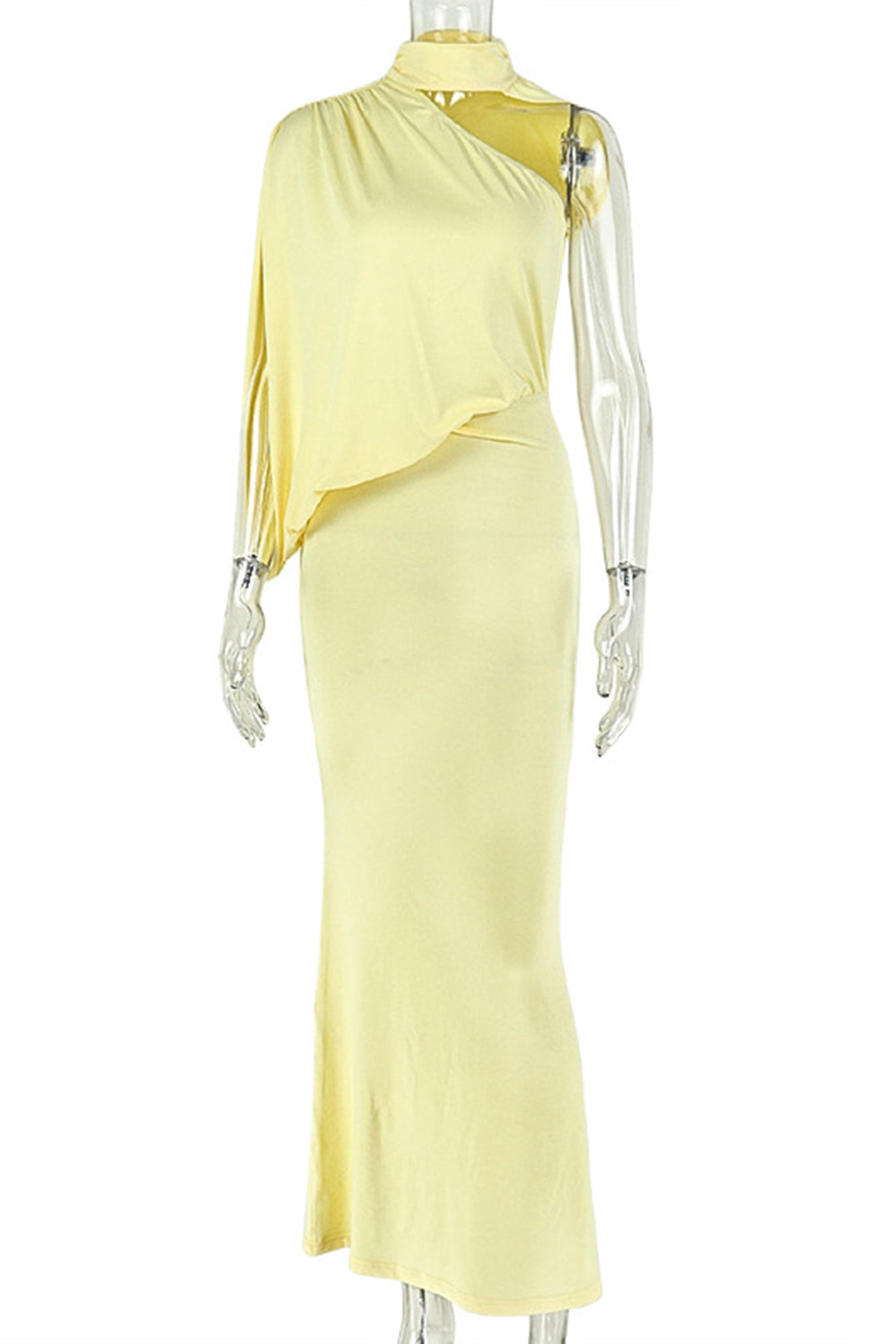 Mock Neck Cut Out Sleeveless Solid Color Slim Fit Gowns Maxi Dresses-Yellow