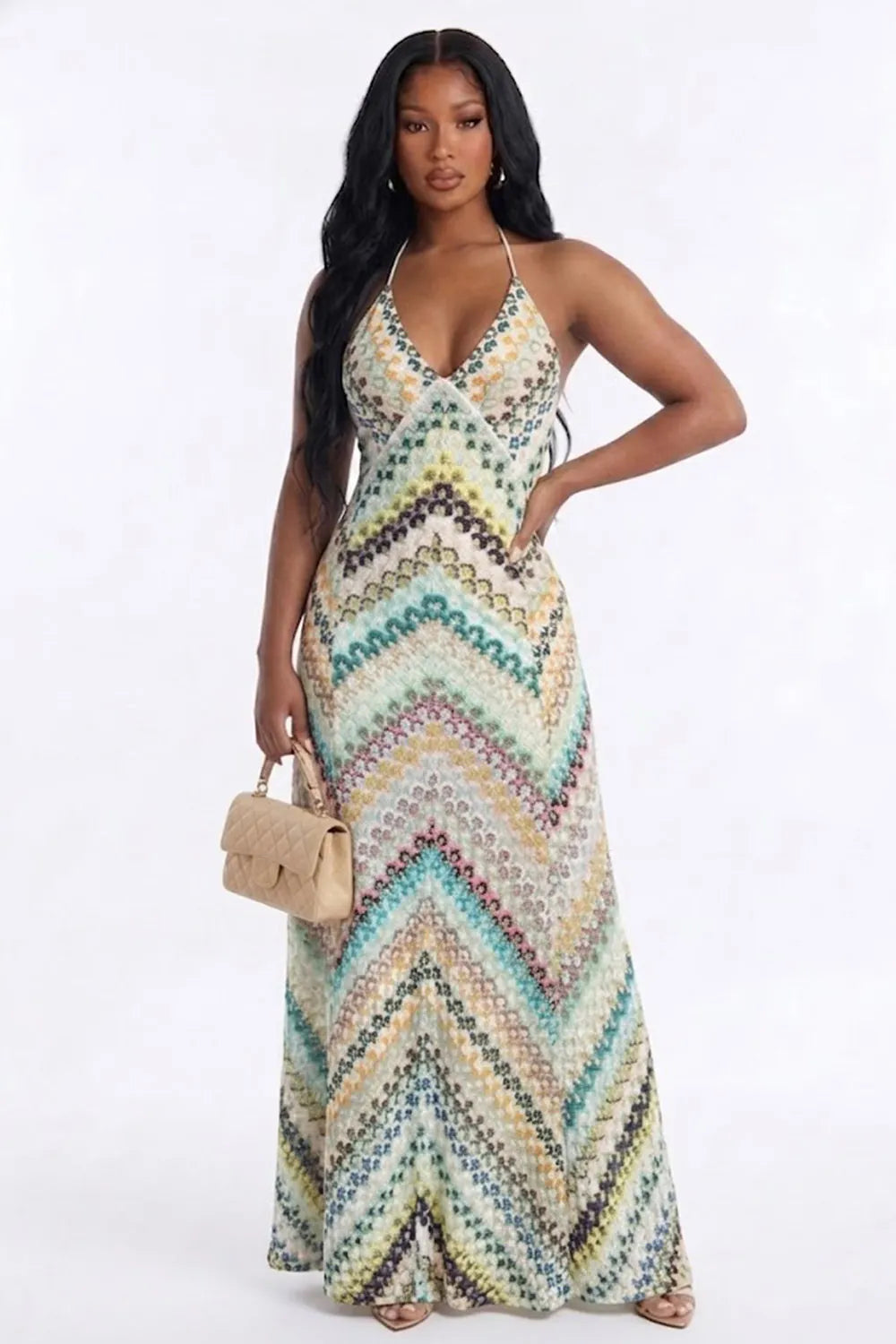 Colorblock Halter V Neck Hollow Out Knit Backless Party Maxi Dresses-Pink