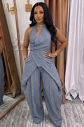 Pinstripe Halter Top Draped Wide Leg Pants Casual 2pcs Set-Blue