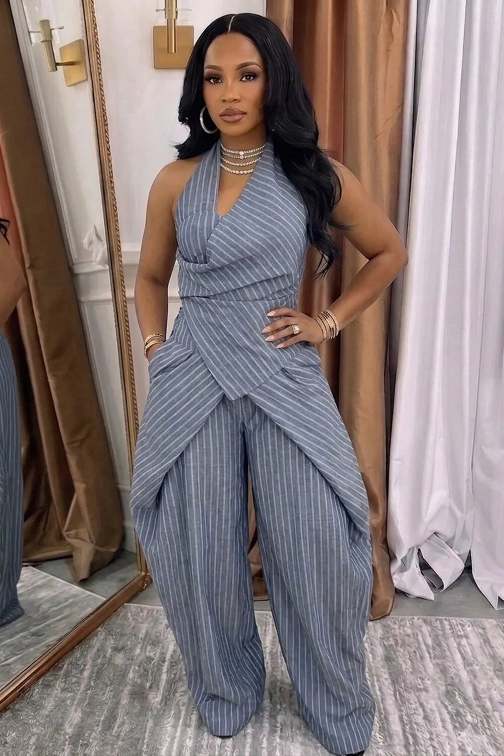 Pinstripe Halter Top Draped Wide Leg Pants Casual 2pcs Set-Blue