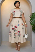 Floral Round Neck Short Sleeve Top Maxi Skirt 2pcs Set-Beige