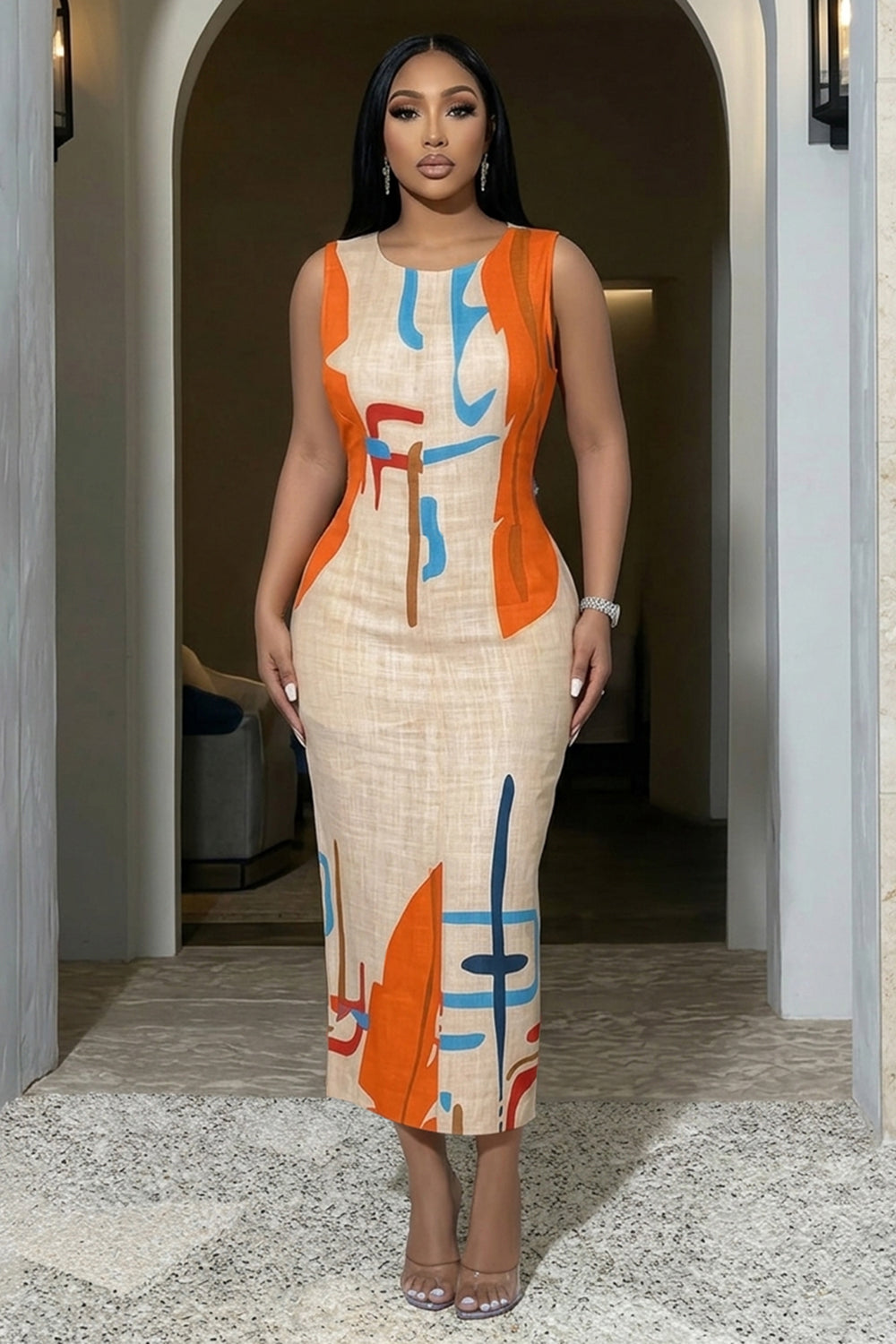 Round Neck Sleeveless Abstract Print Casual Maxi Dresses-Beige