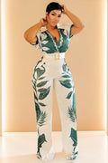 Collar Short Sleeve Leaf Print Vacation Jumpsuit-Green
