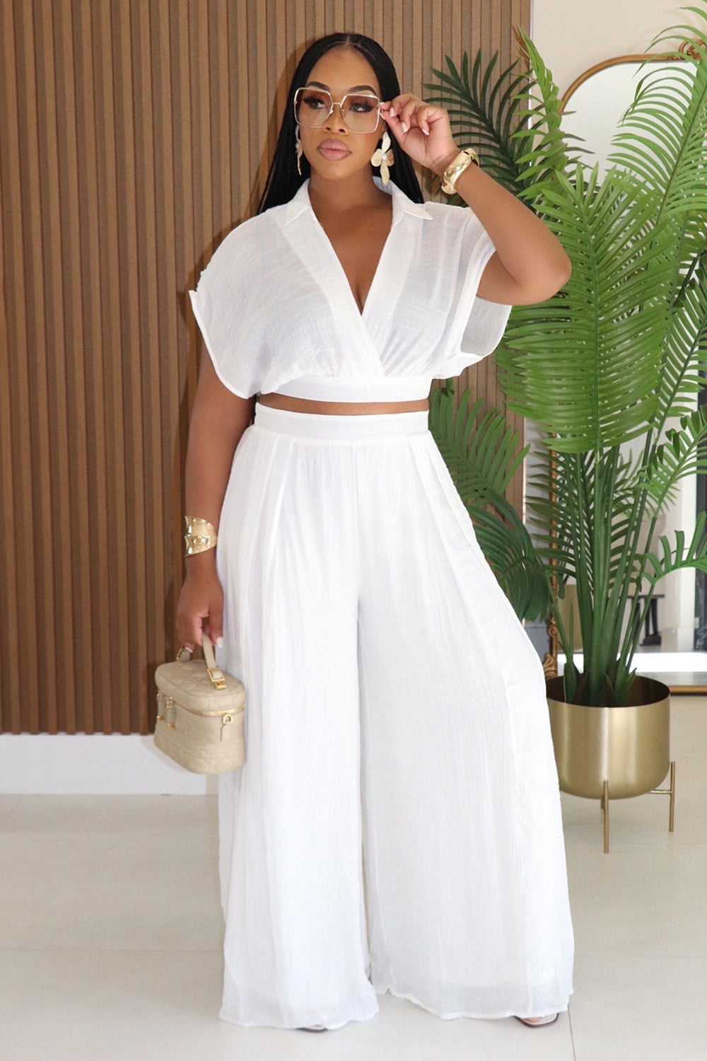 Loose Batwing Sleeve Crop Top High Waist Wide Leg Pants Casual 2pcs Set-White