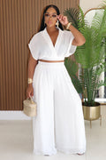 Loose Batwing Sleeve Crop Top High Waist Wide Leg Pants Casual 2pcs Set-White